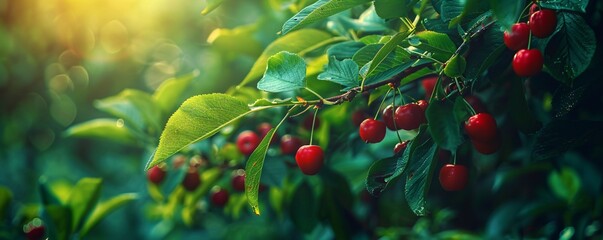 Poster - Ripe red cherry fruits on a tree branch in the orchard