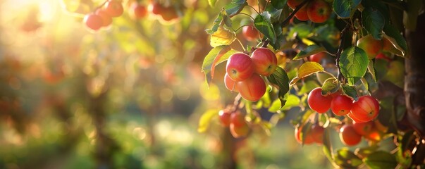 Aufkleber - Sun shining on ripe red apples growing on tree branch in orchard