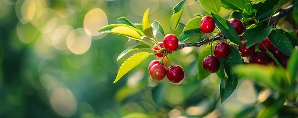 Poster - Branch full of delicious red cherries growing in an orchard, ready to be picked