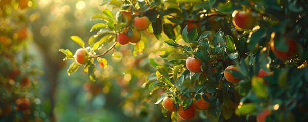 Aufkleber - Lush apple tree branches laden with ripe red apples bathed in the golden light of the setting sun