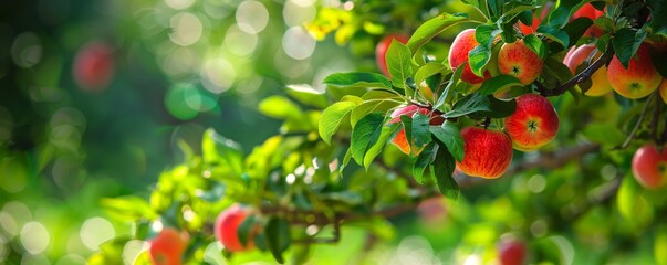 Sticker - Ripe red apples growing on a branch in an orchard garden