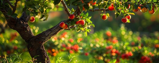 Aufkleber - Close-up of a mature apple tree branch bearing ripe fruit, bathed in the golden light of a setting sun