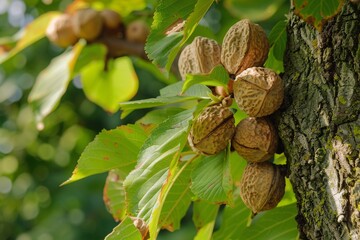 Poster - Walnut tree branch with green leaves in an orchard bearing ripe walnuts