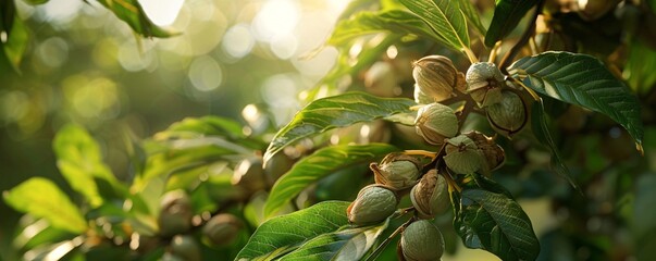 Poster - Pecan nuts growing on a tree branch with green leaves in an orchard