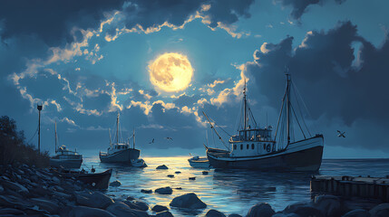 Wall Mural - A serene coastal scene featuring fishing boats and a moonlit sky. Moonlit Harbor. Illustration