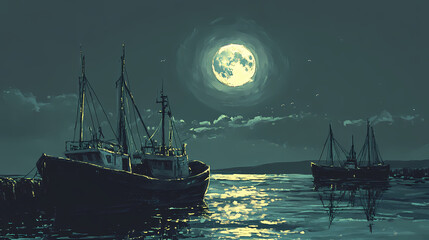 Wall Mural - A serene coastal scene featuring fishing boats and a moonlit sky. Moonlit Harbor. Illustration