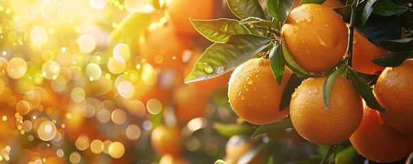 Poster - Close up of ripe oranges growing on tree in sunny orchard