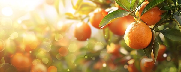 Poster - Close up of ripe oranges hanging from an orange tree in a sunlit orchard