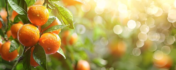 Poster - Sunlit tangerine fruits hanging on a branch with a blurred background