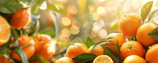 Poster - Orange tree branch, heavy with ripe fruit, bathes in the warm sunlight