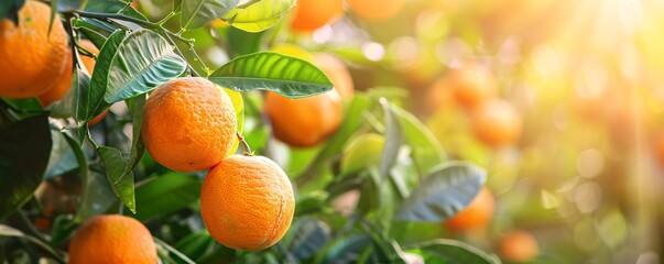 Aufkleber - Close up of ripe oranges growing on branch in sunny orchard