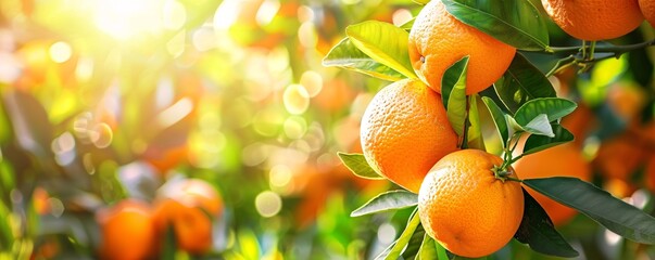 Poster - Ripe oranges growing on a sunny day in an orchard, captured in a close-up shot