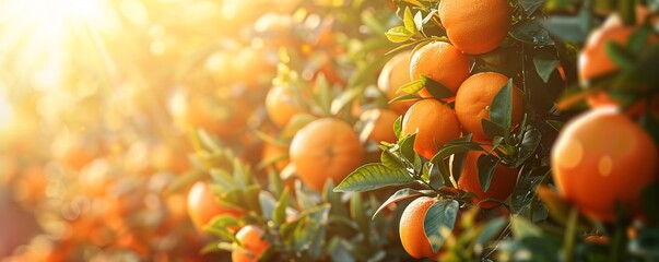 Poster - Lush orange trees growing in mediterranean orchard on sunny summer day