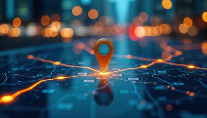 Poster - Digital map shows routes, destinations. AI pins highlight delivery points. Tech revolutionizes future transport logistics. City lights blur in background. Modern interface displays routes.