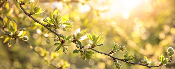 Poster - Branch with young green leaves and flowers blooming at sunset, spring nature background