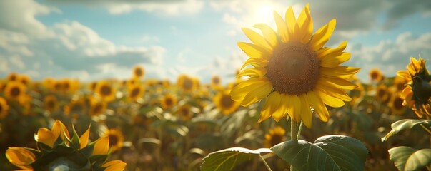 Sticker - Gorgeous yellow sunflower blooms in the agricultural field at sunset