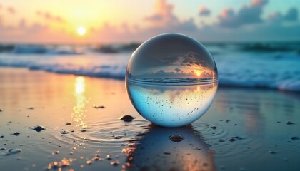 Aufkleber - Crystal ball captures sunrise over sea. Seascape reflected in transparent sphere. Ocean waves gently lap at shore. Beautiful sunrise colors create vibrant scene. Abstract view through water drop.