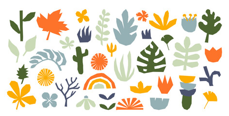 Wall Mural - Tropical leaves, exotic flowers, tree plant, lush bush and grass floral elements paper cut shapes