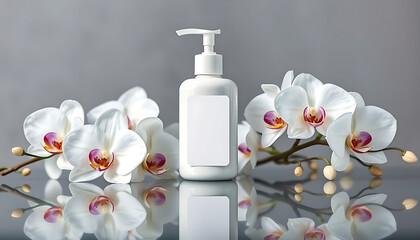 Wall Mural - Glossy white pump bottle mockup with blank white rectangular label. The bottle is surrounded by elegant white orchid flowers on a reflective glass surface.