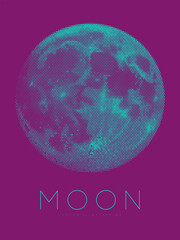 Wall Mural - futuristic halftone neon moon poster illustration with dot effect in vibrant high-contrast cyan and 