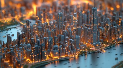 Aerial view of a vibrant city skyline at dusk, showcasing illuminated skyscrapers and waterways