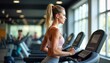 © miss irine - Woman exercises on treadmill in gym. Active lifestyle. Fit woman runs on machine. Healthy lifestyle. Workout in fitness center. Person working out. Modern gym equipment. Focus on wellbeing, physical