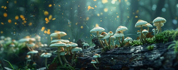 Sticker - Small white mushrooms sprout on a fallen log as sunlight filters through the trees and leaves scatter around them