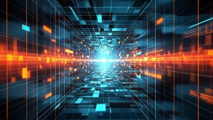 Wall Mural - digital tunnel of glowing blue and orange pixels creates a futuristic atmosphere