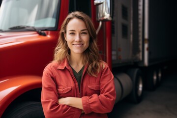 Wall Mural - Smiling portrait of a middle aged Caucasian female truck driver