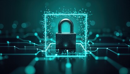 Fototapete - Futuristic illustration of cybersecurity. Padlock stands on digital network. Cybersecurity, data protection visualized. Illustration represents safe tech solutions. Protecting data, tech systems