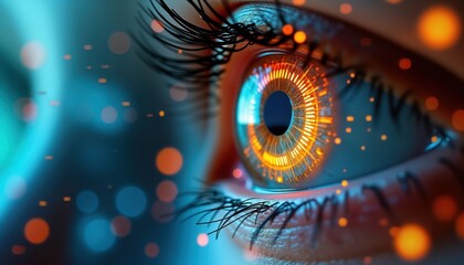 Fototapete - Close-up futuristic human eye with glowing orange digital patterns. Advanced eye scanning tech suggests biometric security system. Innovation in identification, authentication visible. Cybernetic