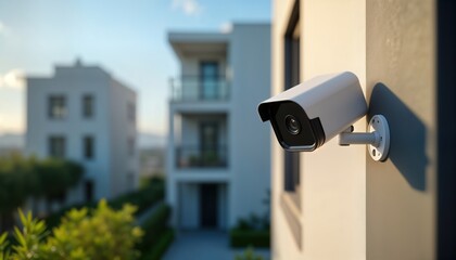 modern smart home security camera mounted on side wall of building. clear sky provides excellent vie
