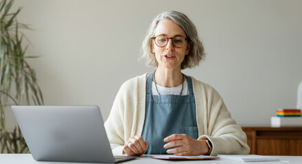 Canvas Print - Woman is sitting at a desk with a laptop in front of her