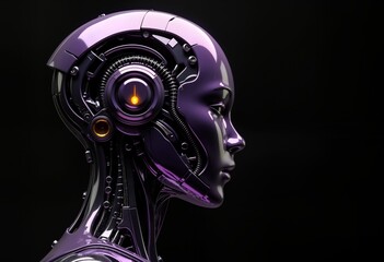 Fototapete - Metallic purple robot head profile view. Shiny glossy finish. Visible internal tech components. Futuristic design. Isolated on black background. Advanced AI. Cybernetic. Artificial intelligence.
