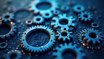 Fototapete - Abstract illustration of gears, cogs connected with circuit board background. Futuristic tech concept. Mechanical system with integrated digital technology. Gears interconnect. Modern industrial