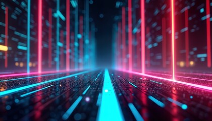 Fototapete - Neon glow multicolor laser beam lines pattern design creates futuristic tech background. Colorful lines, data flow in cyberspace. Abstract modern graphic design perfect for business, web, tech
