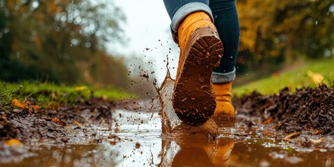 Canvas Print - Boots splashing in a muddy puddle. AI.