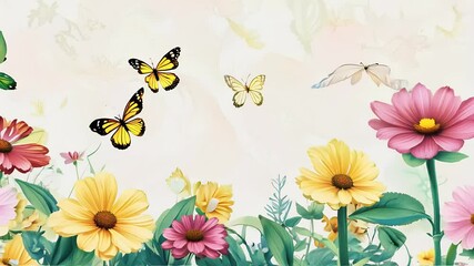 Wall Mural - A vibrant colorful garden teeming with animated butterflies featuring hand drawn floral visuals in an endlessly looping 4K design