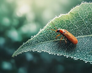 Canvas Print - Dew-kissed leaf with a tiny insect. AI.