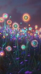 Wall Mural - luminous flowers glow in a mystical field. ai.