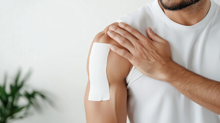 close-up of a man wearing a pain relief patch on his shoulder, gently massaging the area for comfort