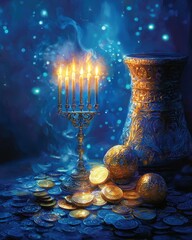 Wall Mural - Illuminated menorah with coins and a vase. AI.