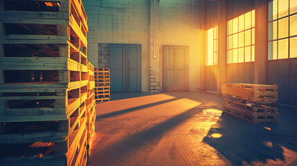 Wall Mural - sunlit warehouse interior with wooden pallets stacked against walls, creating warm and inviting atmosphere. light casts long shadows, enhancing industrial feel