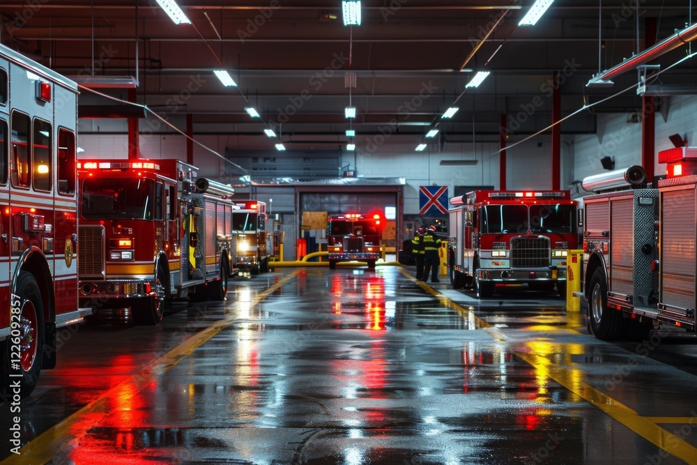 Interior of a fire station with fire trucks Stock Photo | Adobe Stock