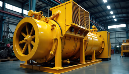 Fototapete - Massive yellow industrial dust collector stands in large factory. Automated cleaning mechanism visible. Robust exterior highlights heavy-duty design. High-tech equipment for efficient dust management