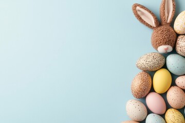 Wall Mural - Cute Easter bunny with colorful eggs arranged on a light blue background, symbolizing spring and festive celebrations, ideal for holiday themed designs and promotions