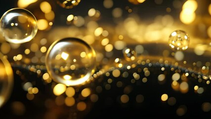 Wall Mural - golden bubbles floating in a liquid, creating a mesmerizing visual at a close range in low light