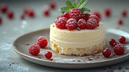 Sticker - Creamy cheesecake topped with fresh raspberries and mint on a rustic plate, with scattered berries