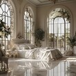 © bersch28 - A bright and airy bedroom adorned with lush green plants and classic arch windows, filled with natural light, creating a serene and inviting ambiance ideal for relaxation.