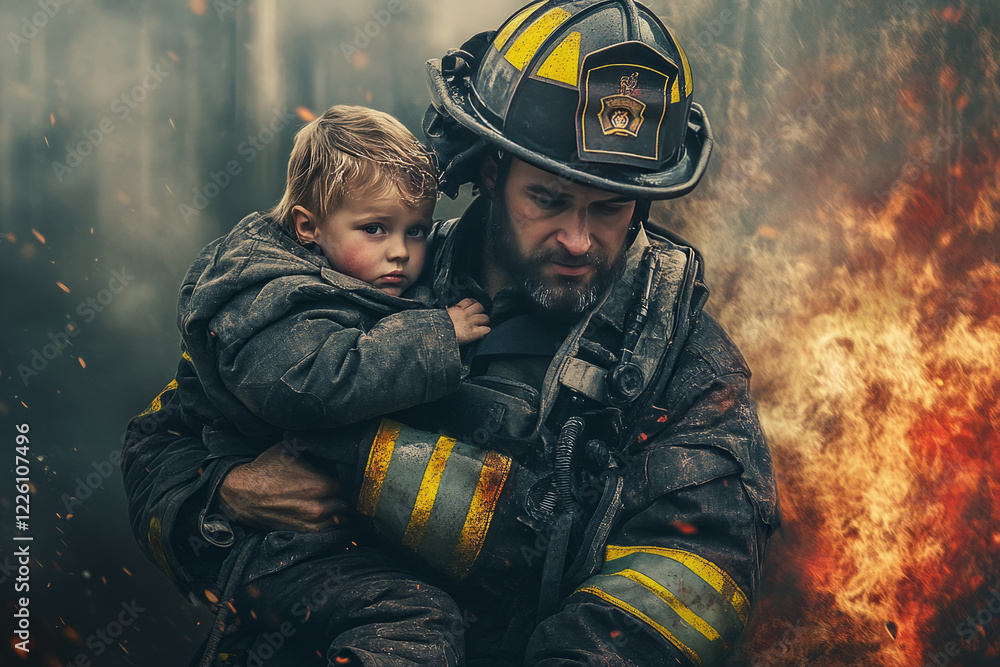 Realistic photo of a firefighter carrying a young child away from a ...